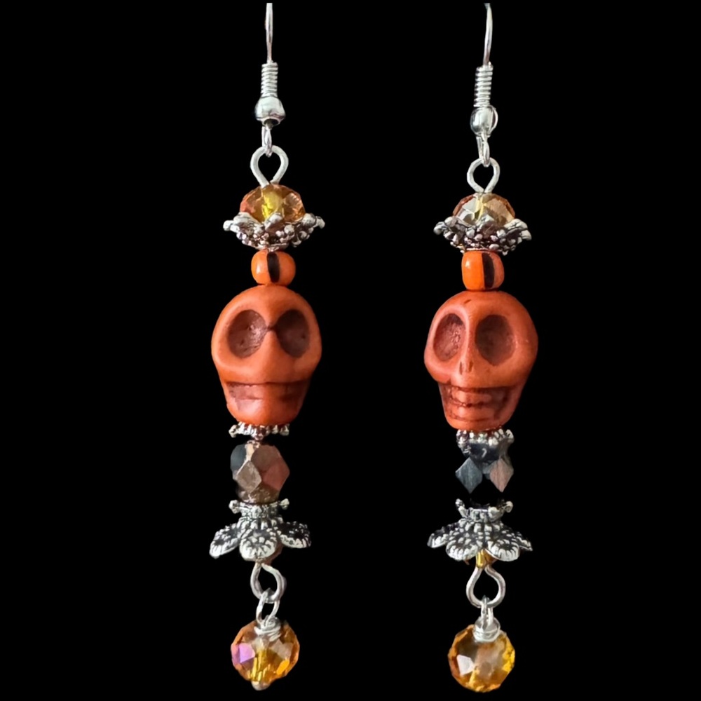 Skull King Queen Long Dangle Handcrafted earrings Orange Black Silver
